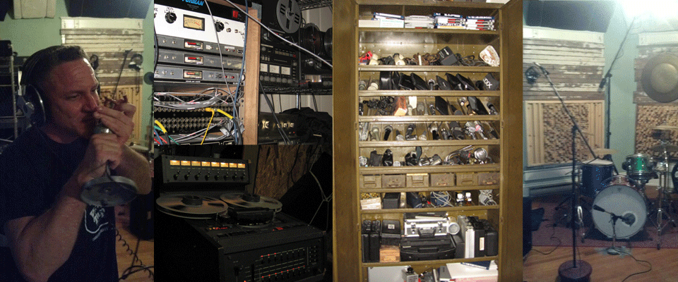 Pictures of the Cavetone Studios control room, tape decks, outboard gear, microphones, and tracking room